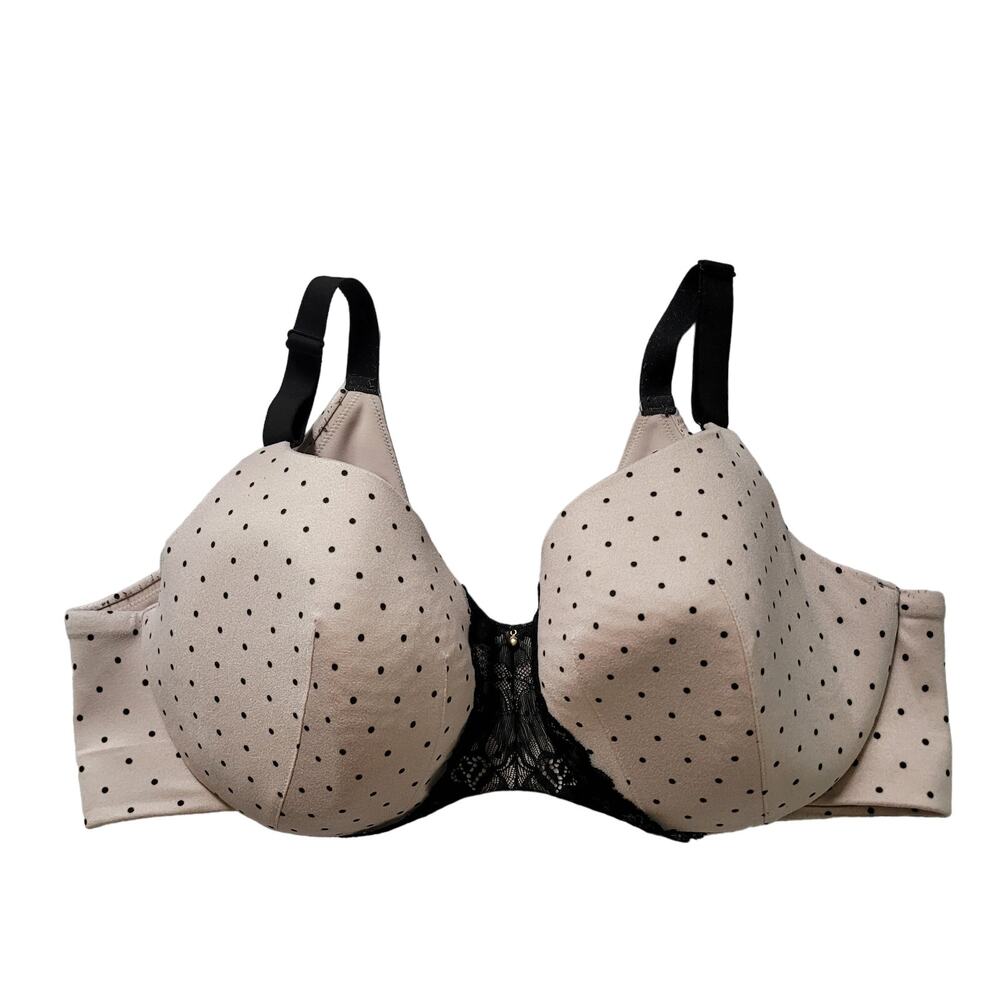 Cacique‎ Size 42DD Lightly Lined Balconette Beige Black Polka Dot Lace Bra